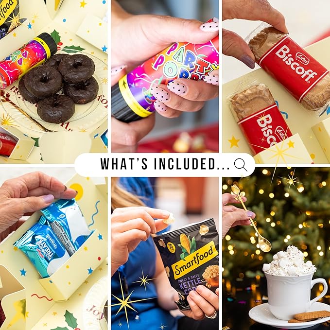 Explosion Gift Box with Treats β Premium Surprise Snack Box with Donuts, Cookies, Chips & More β Blank Design for Any Occasion β Party, Celebration, or Just Because Gift (Happy Holidays)