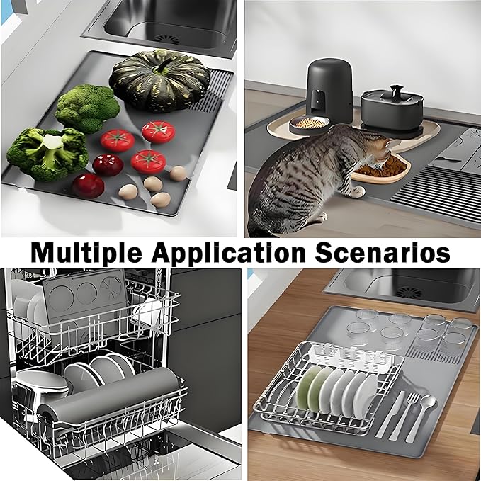 Silicone Coffee Mat With Espresso Tamping Mat,Leak-Proof and Non-Slip,Suitable for Kitchen Station Pad Accessories Fits Under Coffee Maker & Dish Rack to Keep the Countertop Clean-Gray