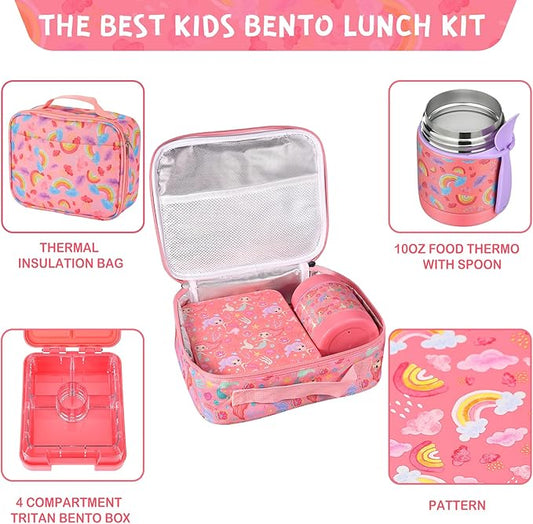 Bento Lunch Box Set With 10oz Soup Thermo, Leak-proof Lunch Containers with 4 Compartment, Kids Hot Thermo Food Jar/Insulation Lunch Bag, Food Containers for School(Rainbow)