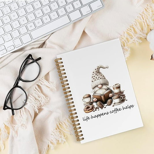 Funny Coffee Gnomes Spiral Notebook, Coffee Lovers Gifts Journal Notebook, Gnome Gifts Notebooks for School Work, Life Happens Cafe Helps Office Supplies Gifts for Women Men, 5.5x8.3 Inch