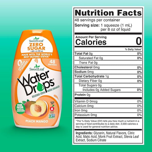 SweetLeaf Water Drops, Peach Mango – Sugar-Free Water Enhancer Drops, Stevia & Monk Fruit Sweetener Water Flavoring, 1.62 Oz (Pack of 6)