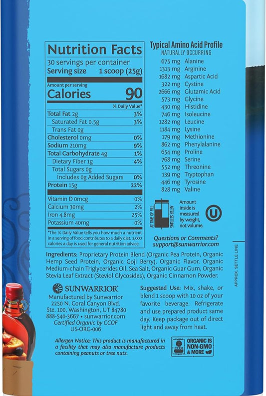 Sunwarrior Organic Plant Based Protein Powder | Vegan Organic Protein Powder Maple Flavored with BCAA Amino Acids & Hemp Seed Pea Blend | Non-GMO Soy Dairy Filler & Gluten Free (Maple, 30 Servings)