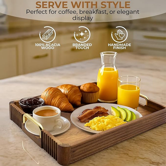 Acacia Wood Serving Tray with Metal Handles – 17x12in Rustic Decorative Ottoman & Coffee Table Tray for Breakfast in Bed, Dinner, Bar, Kitchen, Home Décor & Entertaining