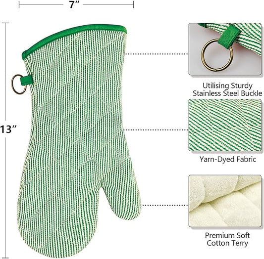 1 Pair Yarn Dyed Oven Mitts 100% Cotton Heat Resistant 470 Degree Gloves Men Women Cooking Baking Barbecue BBQ Microwave Crafting Machine Washable Pot Holders Mittens (Green)