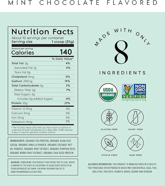 Truvani Vegan Pea Protein Powder | Mint Chocolate | 20g Organic Plant Based Protein Per Serving | 10 Servings | Keto | Gluten & Dairy Free | Low Carb | No Added Sugar