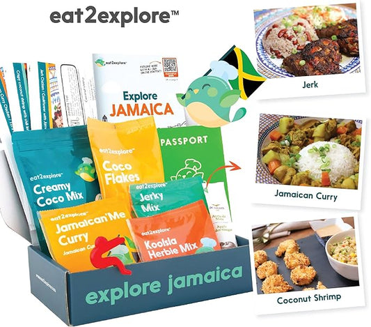 eat2explore Cooking Kits for Kids – Interactive & Educational Kids Cooking Sets Real for Ages 5 and Up,3 Recipe Cards & Global Ingredients – Fun Gift for Young Chefs (Jamaica Edition)