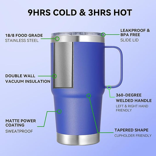 20 oz Stainless Steel Tumbler with Handle Bulk Metal Insulated Tumblers Travel Coffee Mug with Handle Double Wall Tumbler Cup with Lid and Straw, Blue 12 Pack