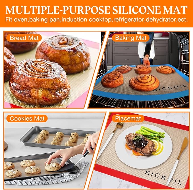 Silicone Baking Mat Large Set 4 Half Sheet-Silicone Bakeware Mat for Oven Reusable Heat Resistant Non Stick Baking Sheet BPA Free Cooking Supplies for Cookie, Bread, Macaron&Pastry,Rectangular