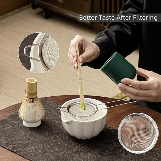 Matcha Whisk Set, Matcha Bowl with Spout, Matcha Whisk, Chasen Holder, Sifter, Bamboo Scoop - 5 Pcs Perfect Matcha Making Kit for Matcha Lover and Tea Ceremony (Pearl White)