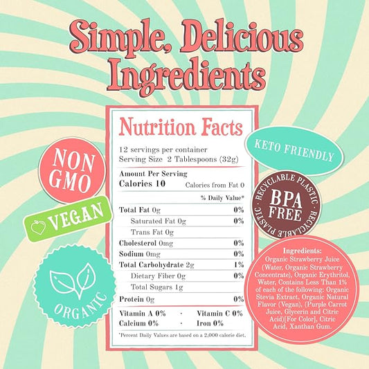 Wäbry Organic Strawberry Syrup No Added Sugar – 13.8oz (390g), Sweetened with Stevia & Erythritol, Natural Fruit Syrups for Drinks, Pancakes, Shaved Ice, Ice cream, Non-GMO, Dye-Free Snow Cone Syrup
