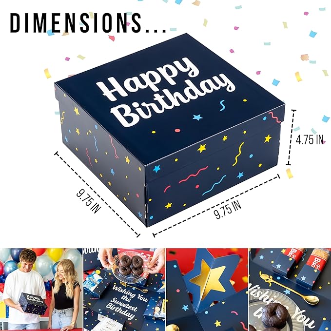 Explosion Gift Box with Treats β Premium Surprise Snack Box with Donuts, Cookies, Chips & More β Blank Design for Any Occasion β Party, Celebration, or Just Because Gift (Happy Birthday)