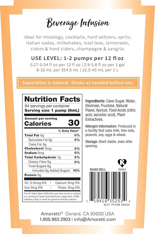 Amoretti - Armenian Apricot Beverage Infusion, 94 Servings Per Bottle (750 ml) - Drink Mix & Water Enhancer with Pump for Flavoring Cocktails, Waters, Teas, and other Beverages, Preservative Free