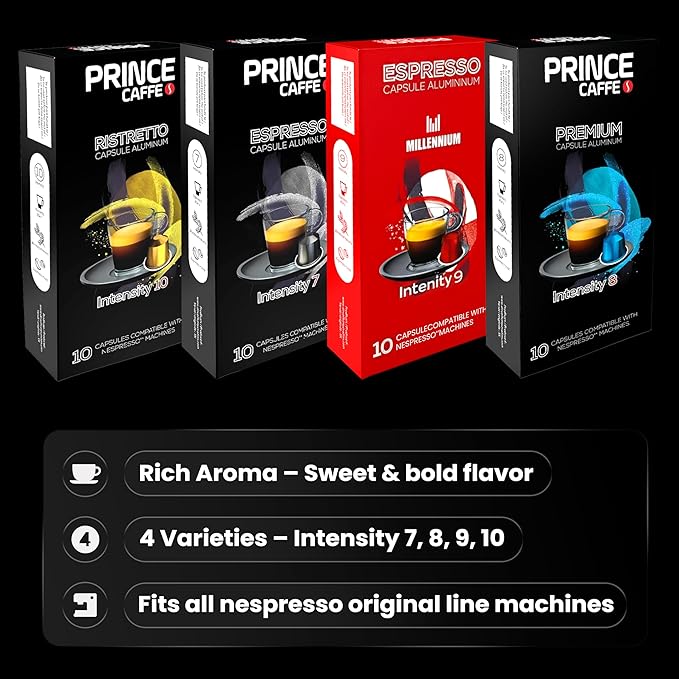 Prince Caffe Espresso Pods Variety Pack Compatible with Nespresso Original Line Machines β Espresso, Ristretto, Millennium & Premium β Intensity 7,8,9,10, 40 Count (4 x 10 Capsules)