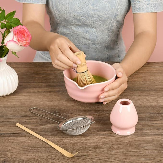Pink Matcha Whisk Set - Ceramic Matcha Making Kit with Bamboo Whisk, Scoop, Bowl, Ceramic Holder & Sifter –5 PCS Handcrafted Elegant Japanese Tea Ceremony Tools Gift for Matcha Lovers