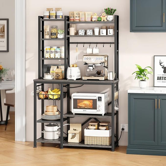 Baker Rack with Power Outlet - Microwave Stand with Storage, Large Coffee Bar Station with 14 Hooks, Metal Kitchen Shelf Rack for Spices, Pots (Rustic Grey)