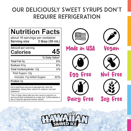 Hawaiian Shaved Ice Syrup Assortment with 6 - 16oz Bottles, 50 Snow Cone Cups, Spoon Straws, and Pouring Spouts. Flavors: Tiger’s Blood, Pina Colada, Blue Raspberry, Grape, Cherry, Lemon-Lime