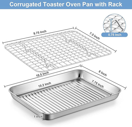 TeamFar 10.5'' Stainless Steel Compact Baking Pan Toaster Oven Tray with Cooling Rack, Corrugated Bottom & Grid Mesh Rack, Non-Toxic & Heavy-Duty