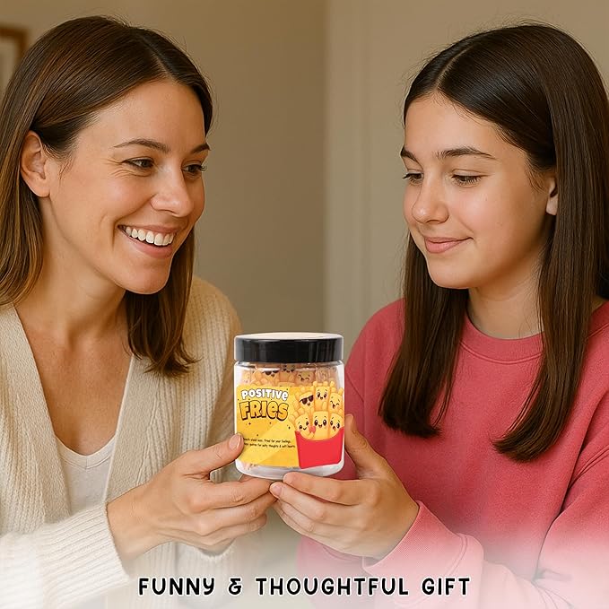 Positive Fries Jar β 60 Funny Affirmation Cards, Emotional Support Fries for Friends, Teens, Coworkers, Funny Foodie Gifts for Stress Relief and Positivity