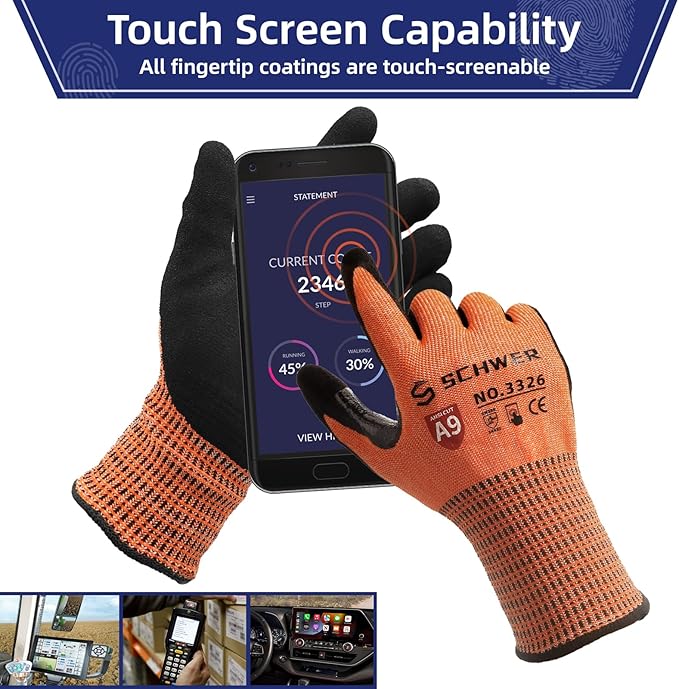 Schwer ProGuard Highest Level Cut Resistant Work Gloves PR3326 for Extreme Protection, ANSI A9 Cut Gloves with Reinforced Thumb, Non Slip, Breathable, Cooling, Durable, Touch-screen, Orange 2 Pairs(S)