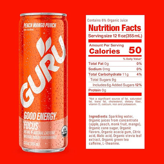 GURU Peach Mango Punch Organic Energy Drinks, Clean Energy Drink with Plant Based Natural Caffeine from Green Tea + Focus with L Theanine, Gluten Free and Vegan, 140MG Caffeine, 12oz (Pack of 24)