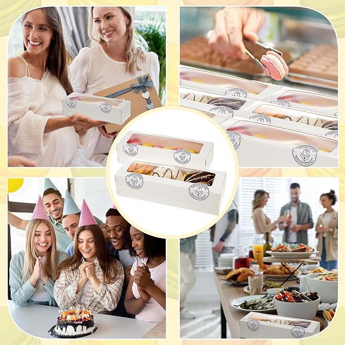 Sherr 150 Pcs White Macaron Boxes with Window, Cookies Boxes with 200 Pcs Stickers Long Bakery & Dessert Gifts Containers for Donuts, Pastry, Chocolate Covered Strawberry