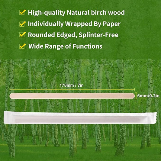 500pcs Individually Wrapped Coffee Stirrers Wood - 7" Coffee Stir Sticks, Round End Disposable coffee stirrer, For Coffee, Cocktail and Hot Drinks