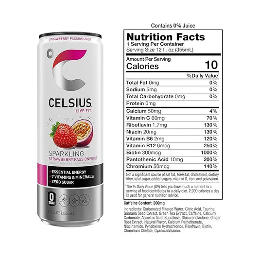 CELSIUS Sparkling Strawberry Passionfruit, Sugar Free Energy Drink, 12 Fl Oz (Pack of 12)