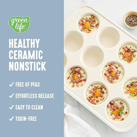 GreenLife 12-Cup Muffin Pan, Healthy Ceramic Nonstick Bakeware, PFOA & PFAS-Free Cupcake Tray, Durable Baking Pan, Versatile Kitchen Essential, Easy Clean Muffin Mold, Nonstick Baking Sheet, Blue Haze