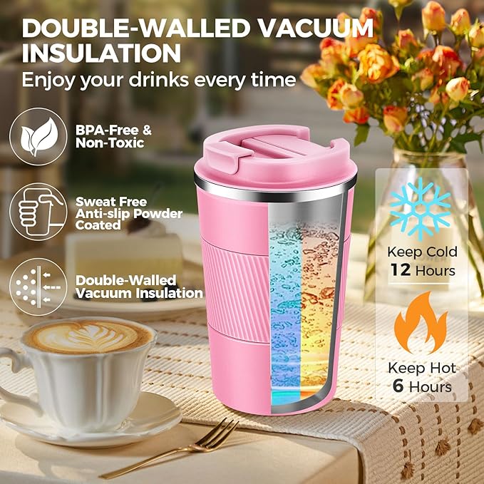 Volhoply 13 oz Stainless Steel Insulated Travel Coffee Mug with Fip Lid Bulk 4 Pack,Reusable Double Wall Vacuum Metal Coffee Cup,Portable Leak Proof Thermal Tumbler for Hot & Cold Drinks(Pink,4)