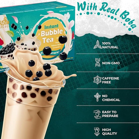 Fusion Select 5 Pack Authentic Tea Flavors Sakura, Lavender, Rose, Thai, Original Milk Tea Kit - Extra Rich Flavor Bubble Drinks, Tapioca Pearls, Straws - Complete Boba Kit