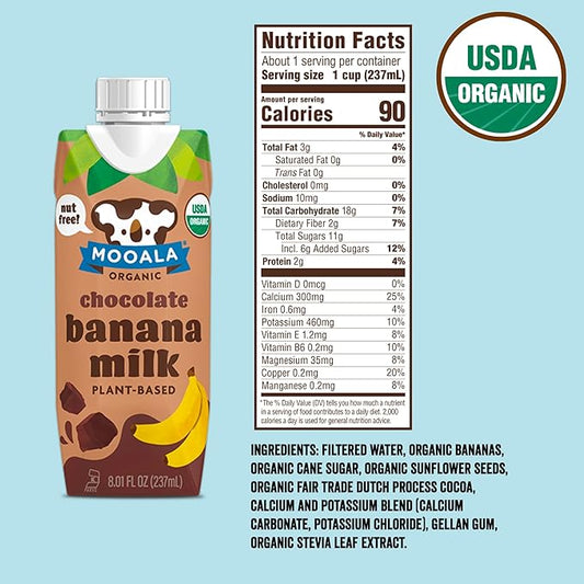 Mooala - Organic Chocolate Bananamilk, Lunchbox Friendly, Shelf-Stable, Non-Dairy, Nut-Free, Plant-Based Beverage, On the Go 12 Pack