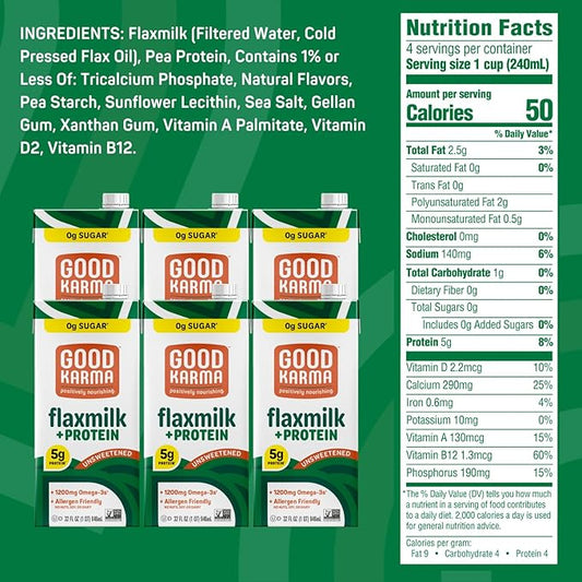 Good Karma Unsweetened Flaxmilk +Protein, 32 Ounce (Pack of 6), 5g Plant Protein + 1200mg Omega-3 Per Serving, Plant-Based Non-Dairy Milk Alternative, Lactose Free, Nut Free, Vegan, Shelf Stable