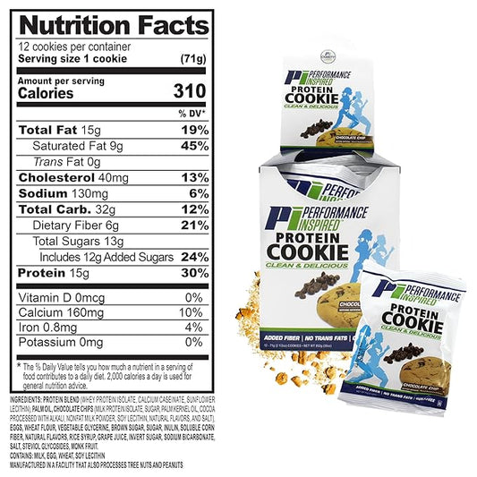 Performance Inspired Nutrition Mixed Protein Cookie Box – 12 Pack – 6 Chocolate Chip & 6 Peanut Butter – 14-15G Protein, 6-7G Fiber – All-Natural, No Sugar Alcohols