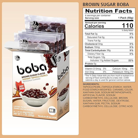 J WAY BOBA Authentic Instant Tapioca Boba Pearls for Milk Tea, Smoothies and Desserts, Brown Sugar Flavor (Ready in Just 20 Seconds) - 4 Servings