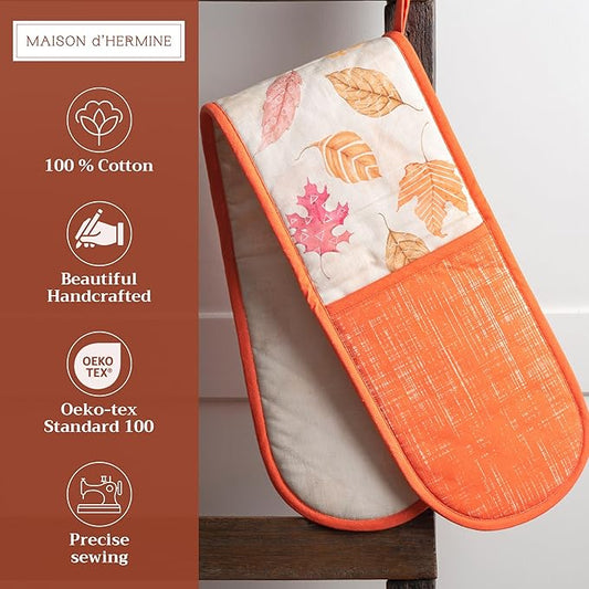 Maison d' Hermine Double Oven Mitts 100% Cotton 7"x35" Double Oven Mitt Heat Resistant BBQ Cooking Gloves with Loop, Baking, Grilling, Home, Kitchen, Handling Hot Pans (Colors of Autumn)