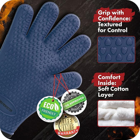 Kitchen perfection XL Silicone Smoker Oven Gloves-Extreme Heat Resistant BBQ Gloves-Handle Hot Food Right on Your Grill Fryer&Pit|Waterproof Grilling Cooking Baking Mitts|Superior Value Set+3 Bonuses