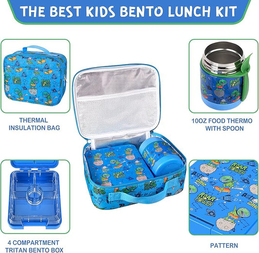 Bento Lunch Box Set With 10oz Soup Thermo, Leak-proof Lunch Containers with 4 Compartment, Kids Hot Thermo Food Jar/Insulation Lunch Bag, Food Containers for School(Dinosaur)
