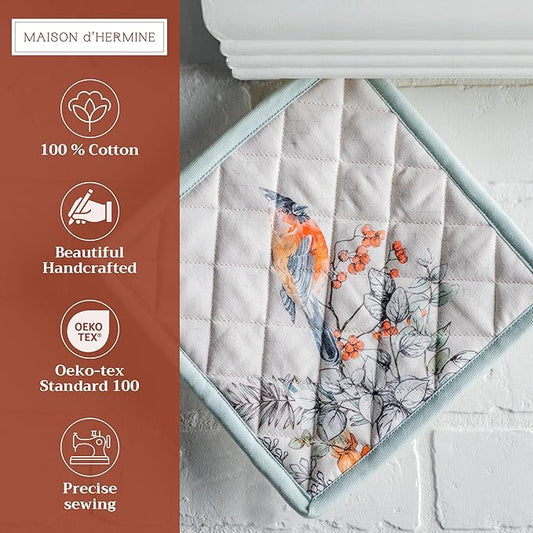 Maison d' Hermine Pot Holders 100% Cotton Heat Resistant Potholders 8" x 8" Hot Pads with Loop BBQ, Cooking, Baking, Grilling, Kitchen, Handling Hot Pans (Pack of 1, Whitish Shabby Chique)