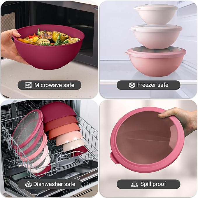 Zulay Kitchen 12 Piece Plastic Mixing Bowls with Leak-Proof Lids Set - Microwave and Freezer Safe Kitchen Mixing Bowls for Preparing, Serving and Storing - Large Nesting Bowls (Red Ombre)