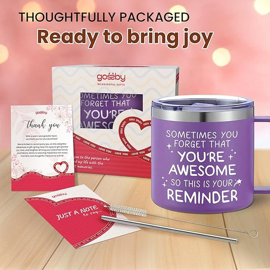 Gossby Thank You Gift for Women - 14oz Insulated Tumbler Mug with Lid, Straw - Sometimes You Forget You're Awesome - Appreciation, Inspirational Cheer Up Gift for Teacher, Boss, Coworker, Friend