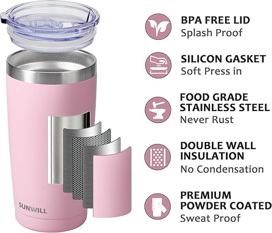 SUNWILL Travel Coffee Tumbler 20 oz, Insulated Mug with Lid, Stainless Steel Cup for Hot and Cold Drinks, Powder Coated Sakura