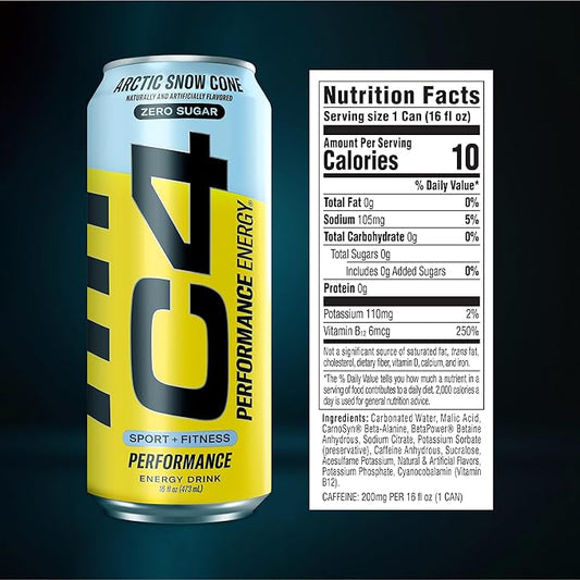 Cellucor C4 Carbonated Zero Sugar Energy Pre Workout Drink + Beta Alanine, (NEW) Sparkling Arctic Snow Cone, 16 Fl Oz, Pack of 12