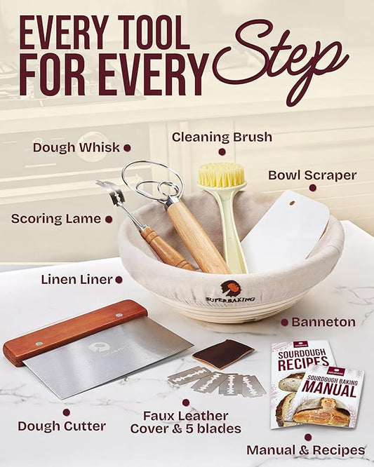 Superbaking Banneton Bread Proofing Basket, Sourdough Bread Baking Supplies, Round 9 Inch Sourdough Starter Kit, Proofing Basket for Baking, Bread Making Supplies Tools, Banneton Basket Gift Set
