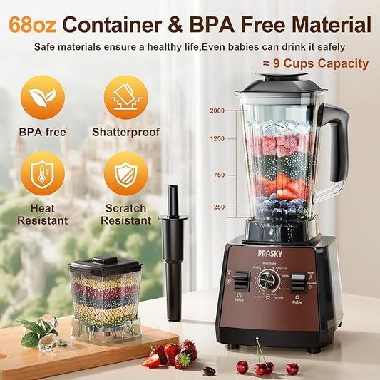 Blenders for Kitchen, Commercial Blender,2400W PRASY Food Processor with 101oz Juice & Grinder Jar, BPA-Free, 25000 RPM Blenders for Smoothies, Ice Crushing, Frozen Fruit (Brown, 2L)