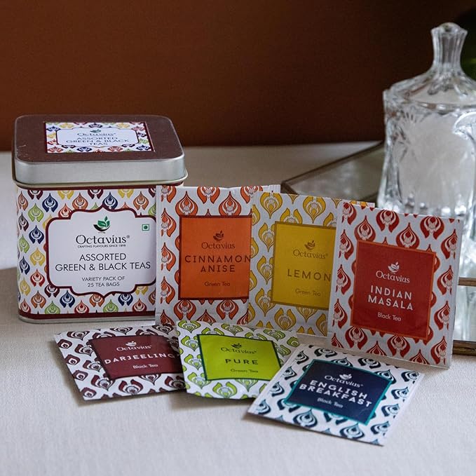 Octavius Tea Variety Pack – 25 Teabags | 6 Assorted Black & Green Teas | Premium Tea Sampler Box | Refreshing & Aromatic | Pack of 1