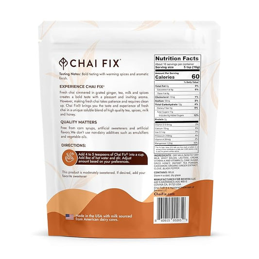 Chai Fix Instant Masala Chai with Milk, Honey and Organic Ginger 16 Servings