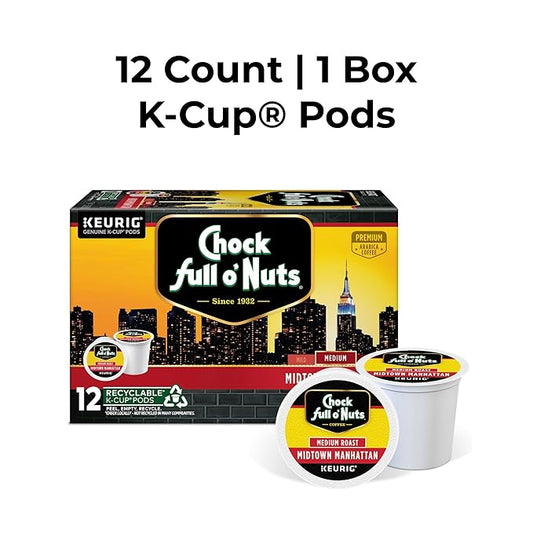 Chock full o’Nuts Midtown Manhattan Keurig K-Cup Pods for Keurig Brewers – Premium Arabica, Medium Roast – Single Serve – 1 Pack of 12 K-Cup Pods