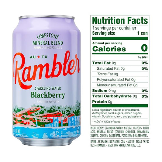 AUTX RAMBLER Sparkling Water, Texas Limestone Mineral Blend, Blackberry Flavor, 12-Ounce Cans, 12-Pack