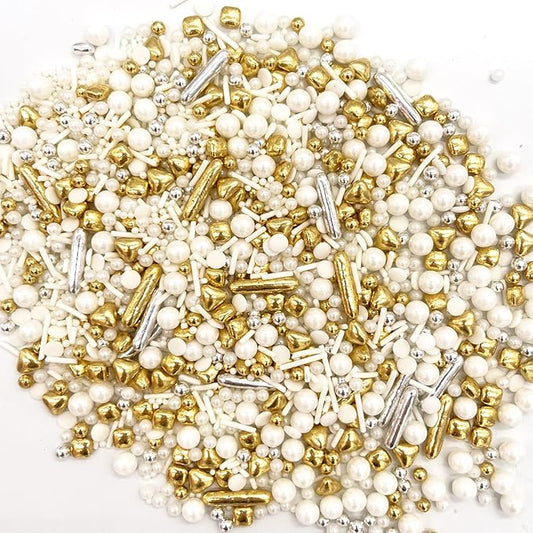 Weraru White Deluxe Gold Sprinkles Candy Mixing Size Baking Edible Cake Decorations Cupcake Toppers Cookie Decorating Celebrations Wedding Shower Party Chirstmas Supplies 130g/ 4.58oz
