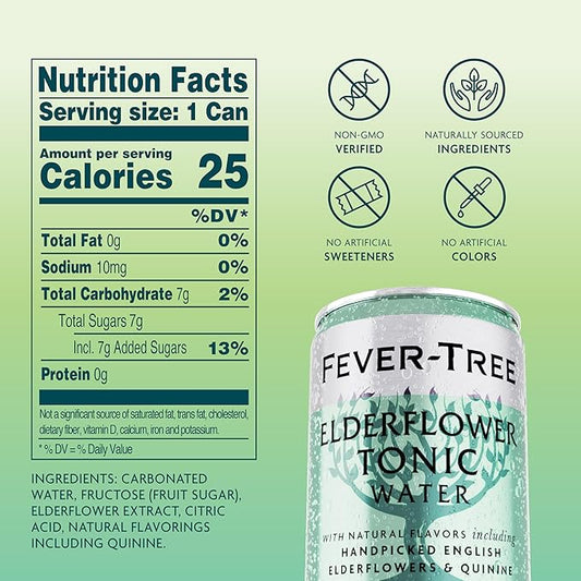 Fever-Tree Elderflower Tonic Water - Premium Quality Mixer - Refreshing Beverage for Cocktails & Mocktails. Naturally Sourced Ingredients, No Artificial Sweeteners or Colors - 5.1 Fl Oz Cans - Pack of 8